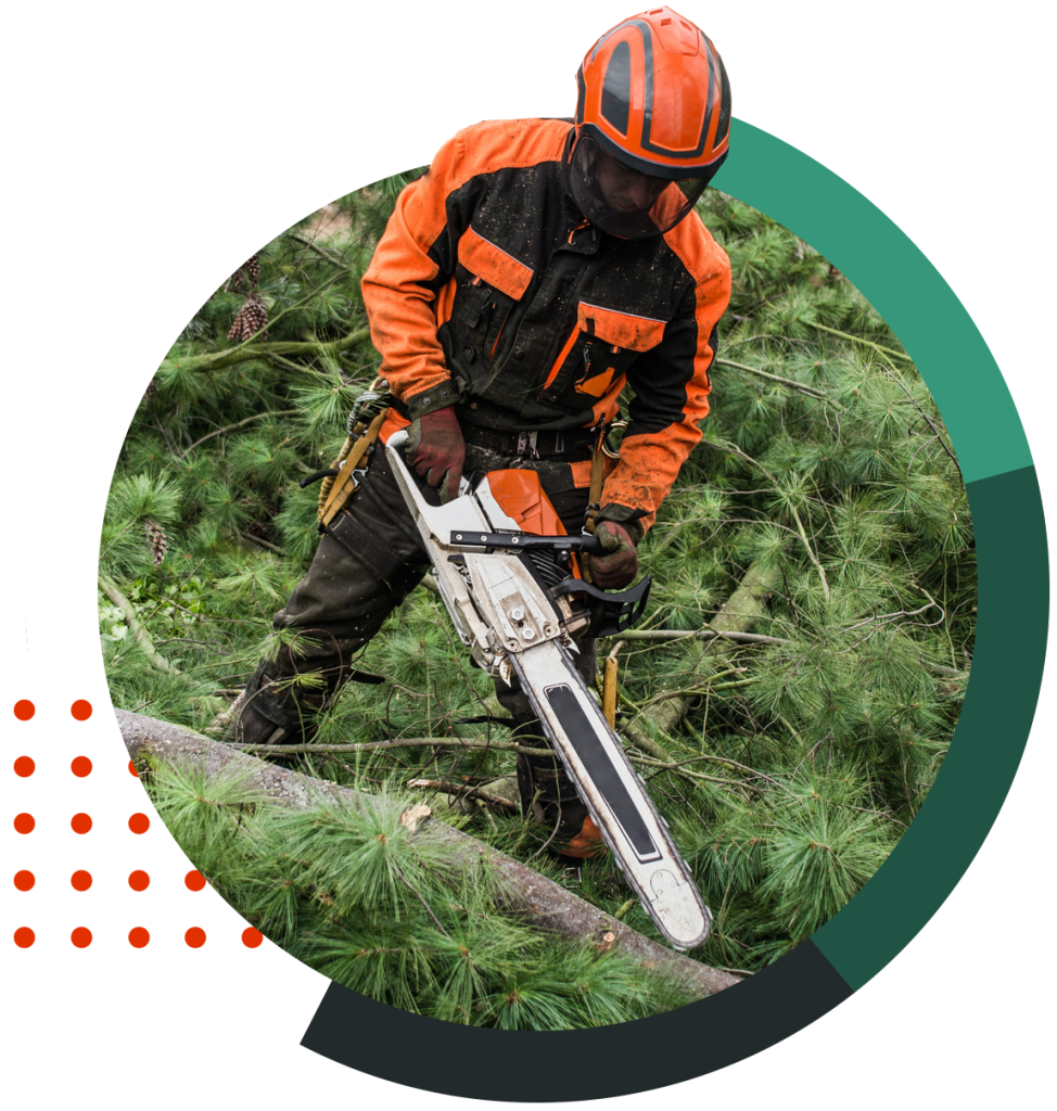 design image of a worker wearing orange and black with a chainsaw cutting a tree